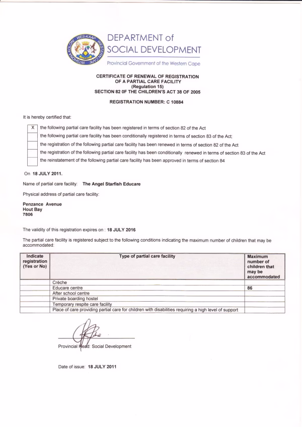 Partial Care Registration Certificate 2011
